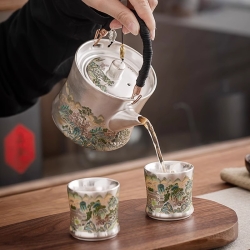 敦煌飞天纯手工鎏银茶具套盒