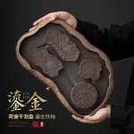 日式鎏金铁釉荷塘粗陶干泡茶盘
