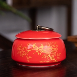喜上枝头红色陶瓷盐罐